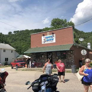 Harley's and seating outside the bar across the street overlooking the mighty Mississippi River