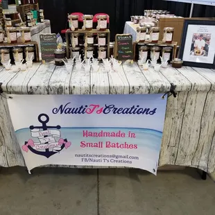 a table with various products