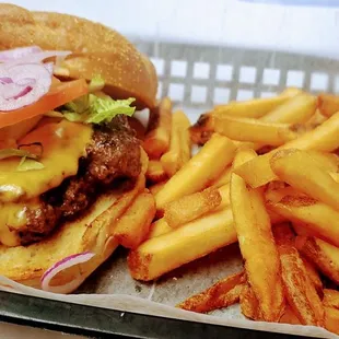 a hamburger and fries