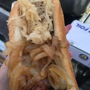 Polish with half sauerkraut and half onions