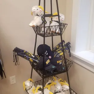 a shelf of stuffed animals