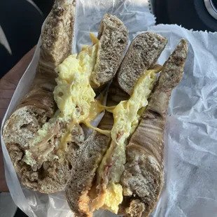 Bacon, egg, and cheese on a toasted cinnamon raisin bagel