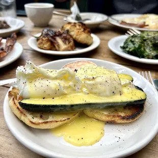 Zucchini Benedict, Bacon, Lamb + Tapenade, Cumin Cauliflower, Chard, Fried Eggs.
