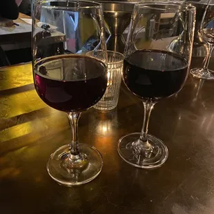 three glasses of wine on a bar