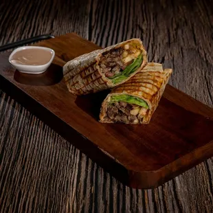 BERLIN DONER WRAP-Beef, lamb, tomato, pickles, French fries, lettuce, house sauce