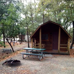 Camping cabin! This one has a double bed and one set of bunk beds. Linens not provided.