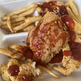 a chicken burger with ketchup and french fries