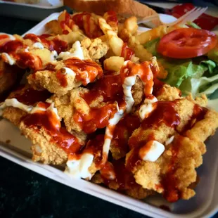 Mixed plate; fish with shrimp.