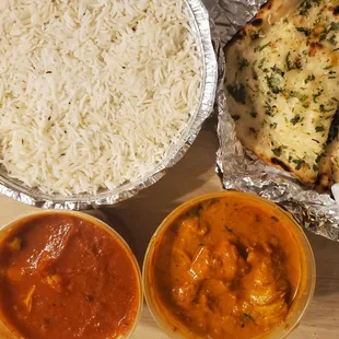 Takeout, Chicken Khuzambu, Chicken Vindaloo, Garlic Naan