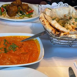 Rose Lassi, Chicken Tikka Masala and Garlic Naan