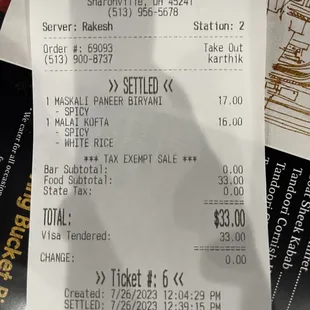 the receipt for the restaurant