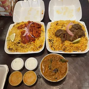 Boneless chicken biryani, goat special biryani and karaikudi chicken curry.