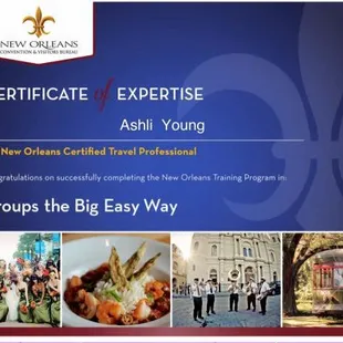 Certificate (#3) for Ashli Young / Nawlins Theatrical Tours  Certified Travel Professional by the New Orleans Convention &amp; Visitors Bureau