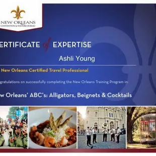 Certificate (#1) for Ashli Young / Nawlins Theatrical Tours  Certified Travel Professional by the New Orleans Convention &amp; Visitors Bureau