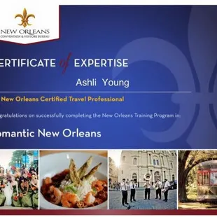 Certificate (#4) for Ashli Young / Nawlins Theatrical Tours  Certified Travel Professional by the New Orleans Convention &amp; Visitors Bureau