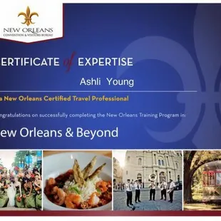 Certificate (#2) for Ashli Young / Nawlins Theatrical Tours  Certified Travel Professional by the New Orleans Convention &amp; Visitors Bureau