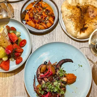 Grilled octopus, greek salada, muhammara.