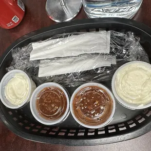 Free Garlic Sauce and Red Sauce comes with an entree