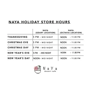 NAYA Holiday Store Hours