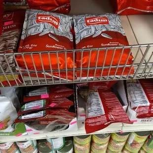 a shelf of food items