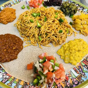 Nazret Kitfo veggie combo and spaghetti special