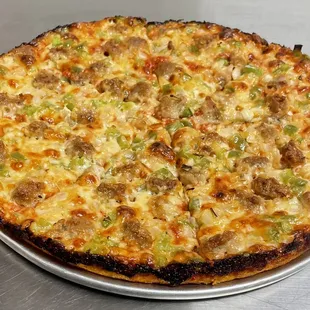 a sausage and cheese pizza