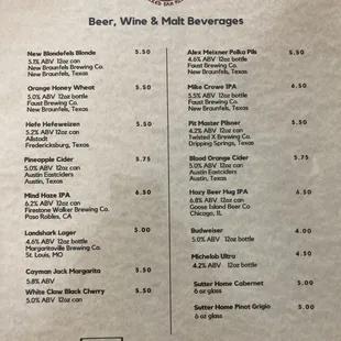 Drink menu