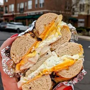 Egg and cheese on an onion bagel with scallion bacon cream cheese | lifewithhanny