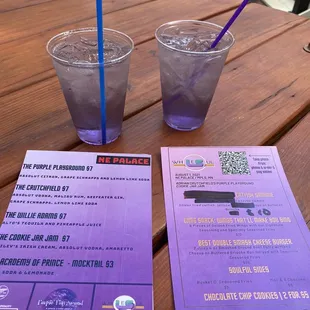 two drinks on a picnic table