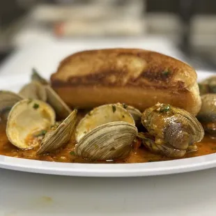 a plate of clams and a hot dog