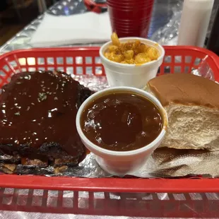 Half rack  of ribs macaroni n cheese baked beans
