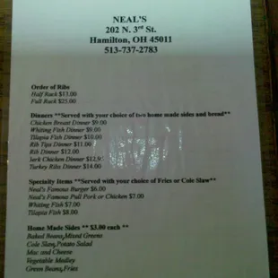 Neals Hamilton menu.