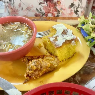 Chicken soup, fried chicken wing and cornbread
