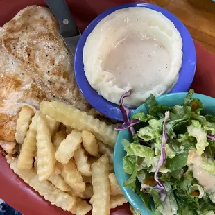 Grilled chicken dinner with fries, salad, and mashed potatoes