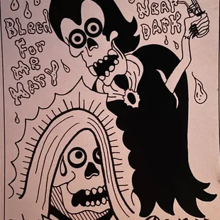 a drawing of a woman and a skeleton