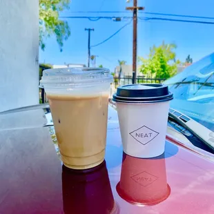 Iced Blueberry Basil Mint Latte with oat milk and Peanut Butter Cookie Latte hot with oat milk.