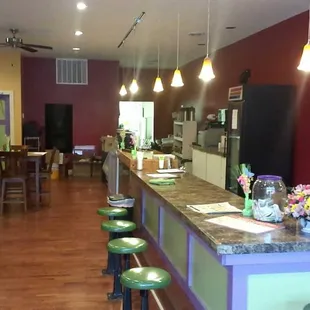 a kitchen and dining area