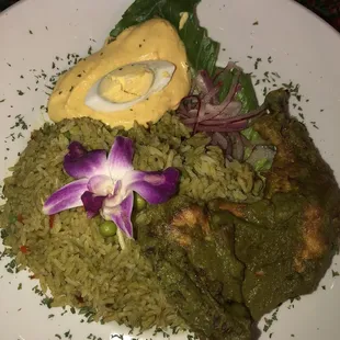 Arroz can pollo y papa huancaina