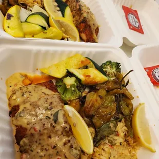 two takeout containers with chicken, rice, and vegetables