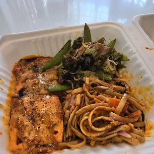 Salmon Tuesday's  Curry Salmon  Snap  Peas &amp; broccoli  Lo mein