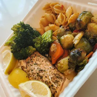 a meal in a styrofoam container