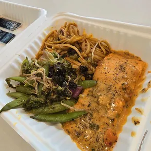 Salmon Tuesday's  Curry Salmon  Snap  Peas &amp; broccoli  Lo mein
