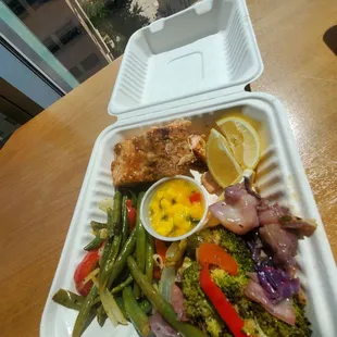 Salmon  with fries purple cabbage medley