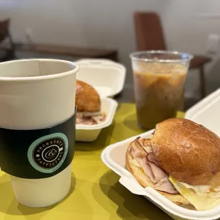 Breakfast of champions - ham, egg &amp; cheese Breakfast Sandwich, lavender latte and a pour over