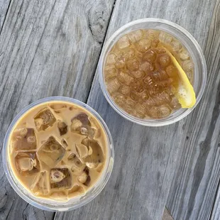 Spiced piloncillo latte (left), soda coffee (right)