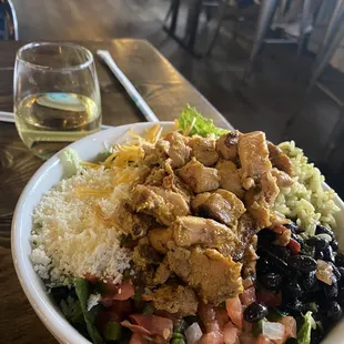 Burrito Bowl and a glass of Chardonnay. Yum!