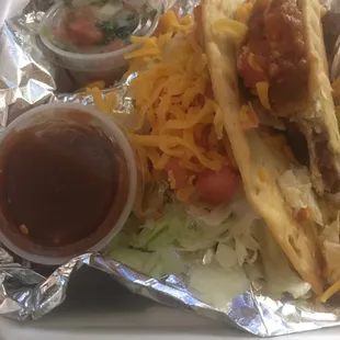 Veggie tacos.  Crispy shell made to order Made in house retried beans, pico and salsa  Delicious!!!