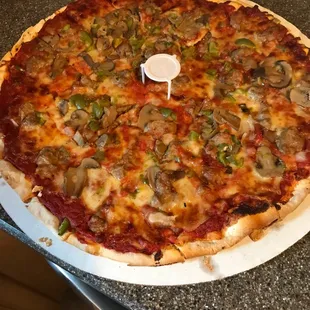 Yum cheese Cheese , Sausage &amp; Mushrooms onions and green pepper.