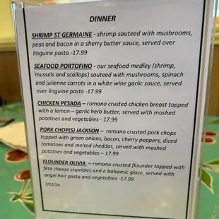 Tanker tent menu that changes periodically. Also a chalk board of specials and a great regular menu