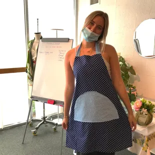 Another happy creation! Custom sewn apron where she learned how to make herself in our Stitch x Stitch class!